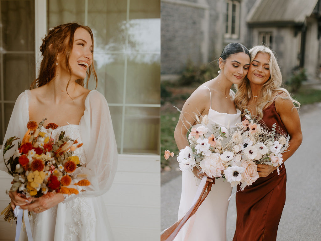 On the left, a bride is laughing while she holds a yellow and orange bridal bouquet. On the right, a bride and a bridesmaid stand together, holding dried flower wedding bouquets.