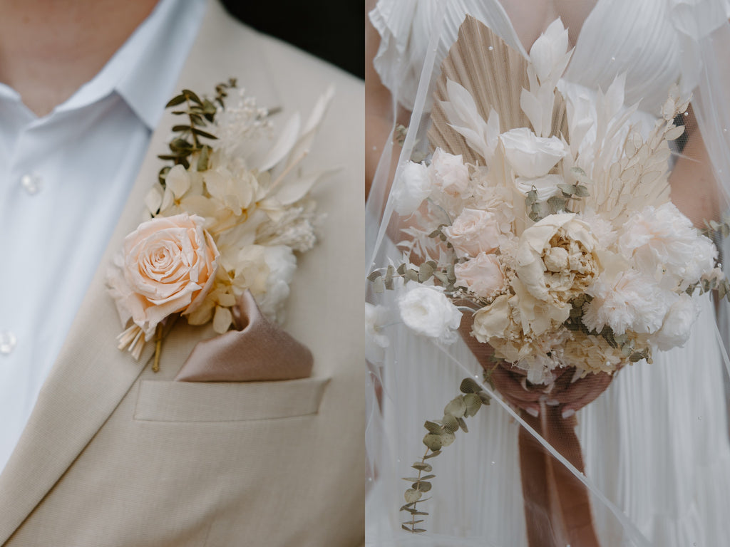 On the left, a close-up picture of a floral buttonhole. On the right, the photo shows a bride’s hands holding a white dried flower bouquet.