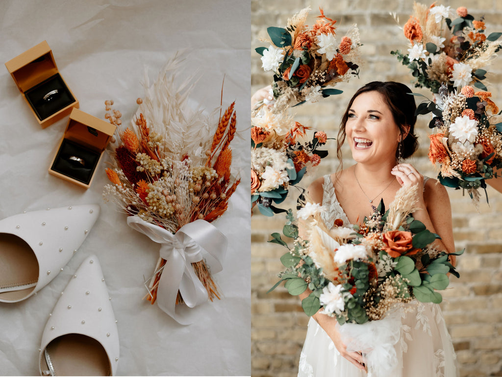 On the left, a flat-lay features wedding rings, bridal shoes, and an orange wedding bouquet on a white background. On the right, a bride is smiling as she is surrounded by orange and green bridal bouquets with dried flowers.