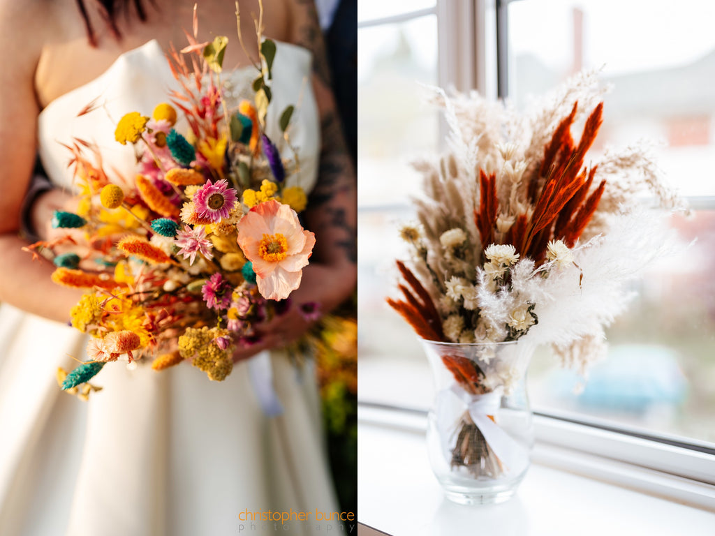 Colorful dried flower wedding bouquets by Hidden Botanics.