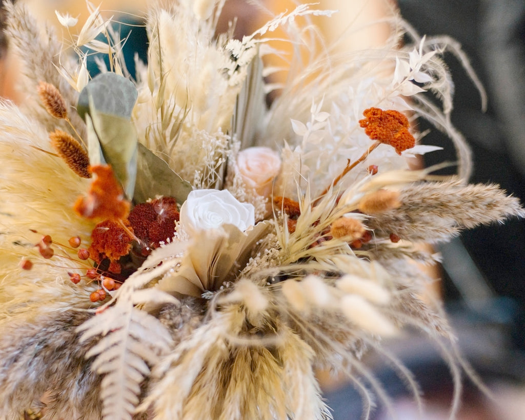 A close-up shot of a dried flower wedding bouquet from Hidden Botanics.