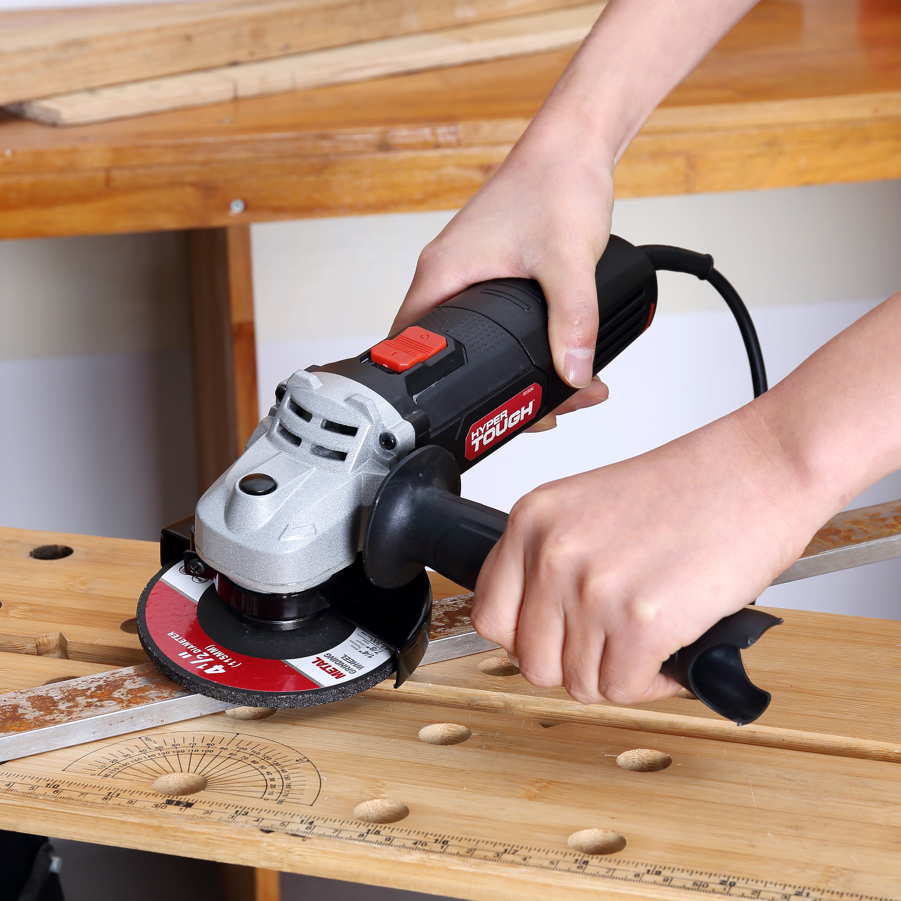 Hyper Tough 6 Amp 4-1/2" Corded Angle Grinder w Handle, Adjustable Guard, Wrench