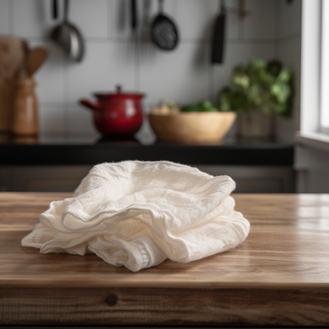 cheesecloth folded on a kitchen counter