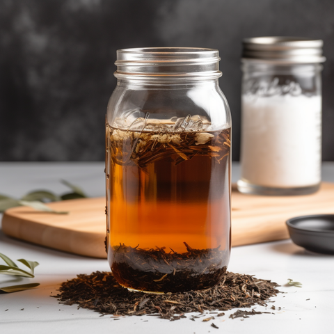 A mason jar with steeped tea and loose leaf tea