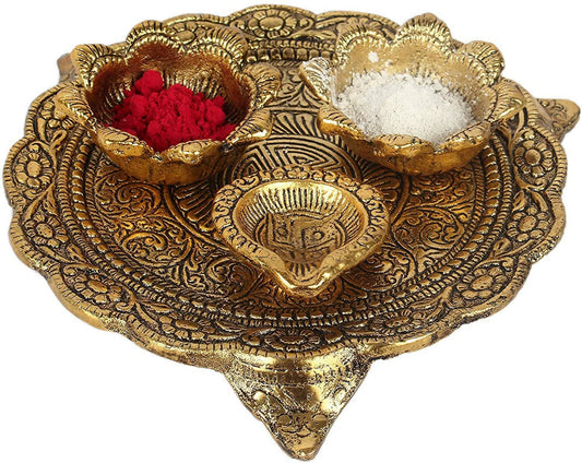 Webelkart Laser Work Laxmi Ganesha Puja Thali Set (Brass)- for Diwali  Poojan/Pooja Room/Diwali Gifting- 11.50 in