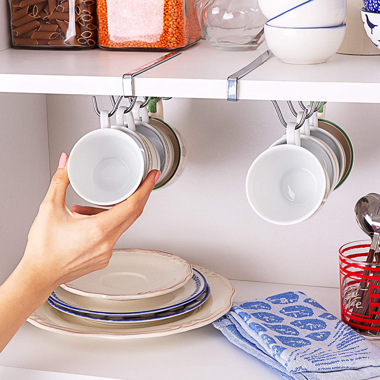 EDNA HOME Mug Cups Storage Rack, Drilling-Free Under Cabinet Closet Holder Hooks for Hanging Mugs, Ties, Belts, Scarf, Kitchen Utensils, Necklace and More,...