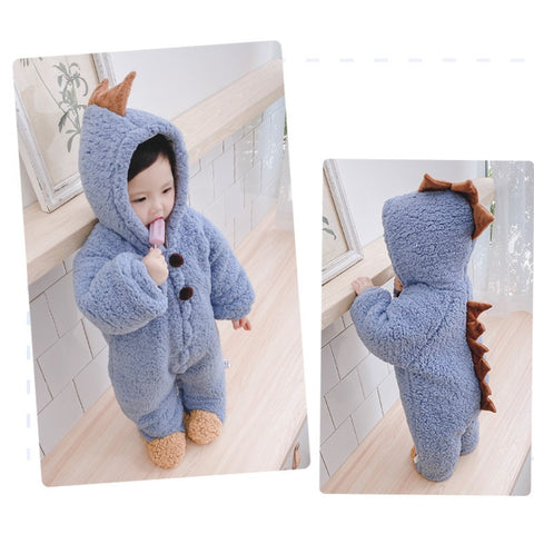 Baby Dinosaur Flannel Romper Infant Jumpsuit Winter Outfit-115