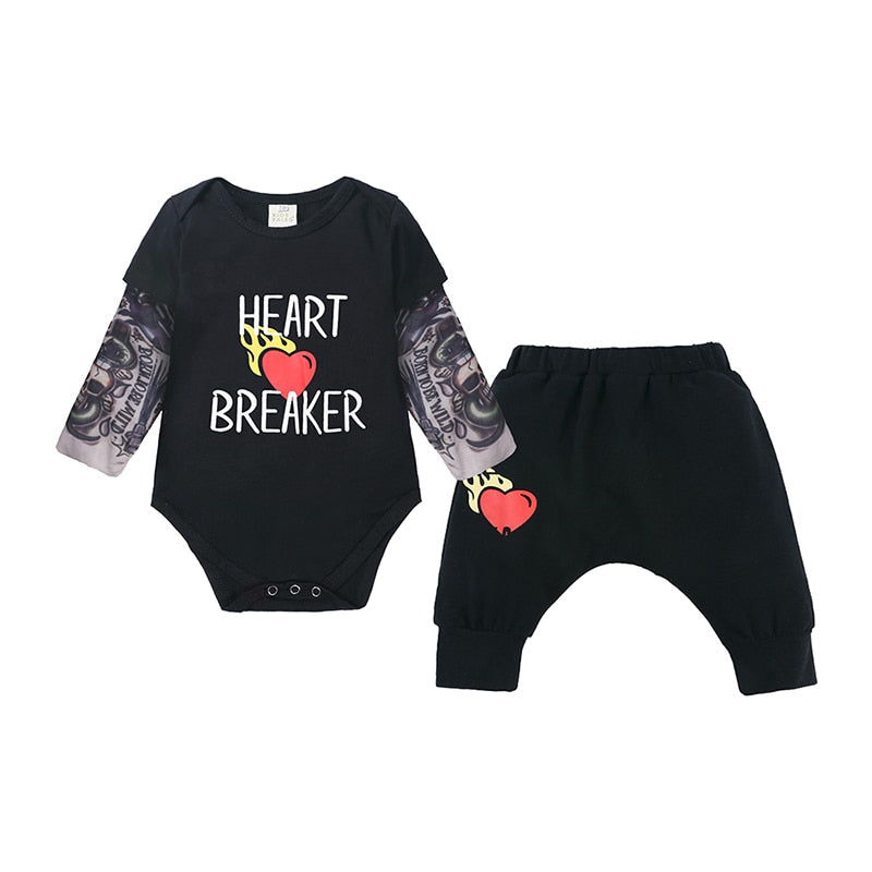 Baby Tattoo Onesie Boys “Heart Breaker” Rompers Pants 2pcs Sets-O127