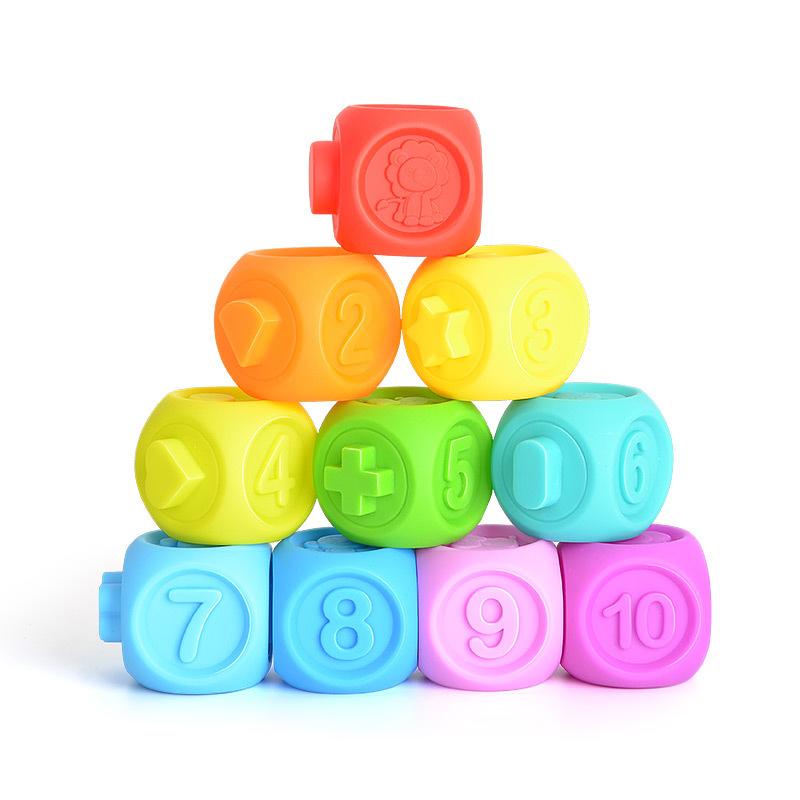 E4-10PCs/lot Building Blocks Teethers Squeeze Sensory Silicone Bath Toys