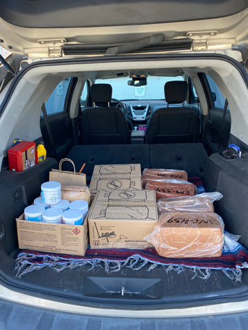 The supplies Cheer bought from Laguna Clay Company, loaded into her car.
