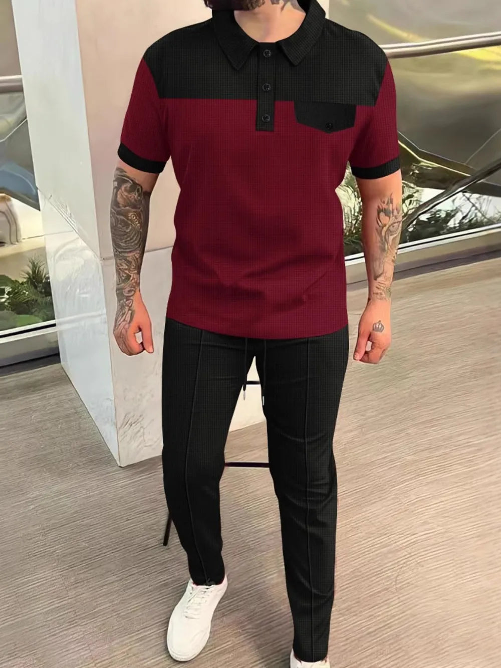 Men‘s Full Size Waffle-Knit Contrast Top and Pants Set Plus Size