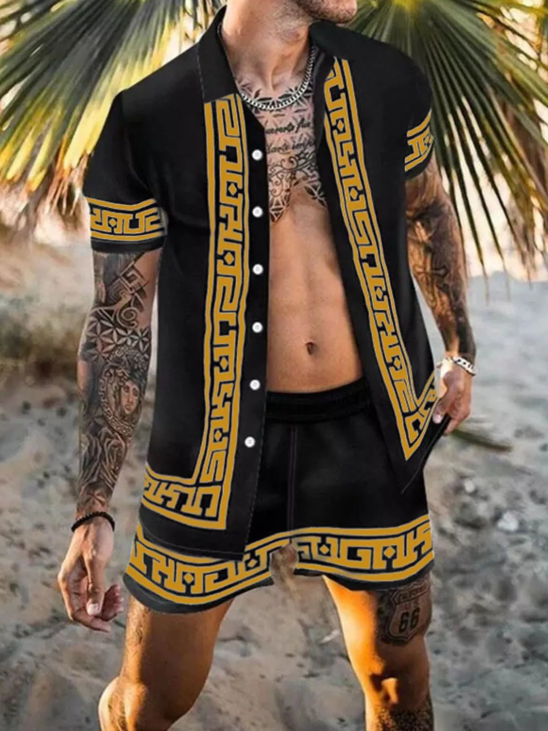 Men's Full Size Printed Collared Neck Short Sleeve Top and Shorts Set Plus Size
