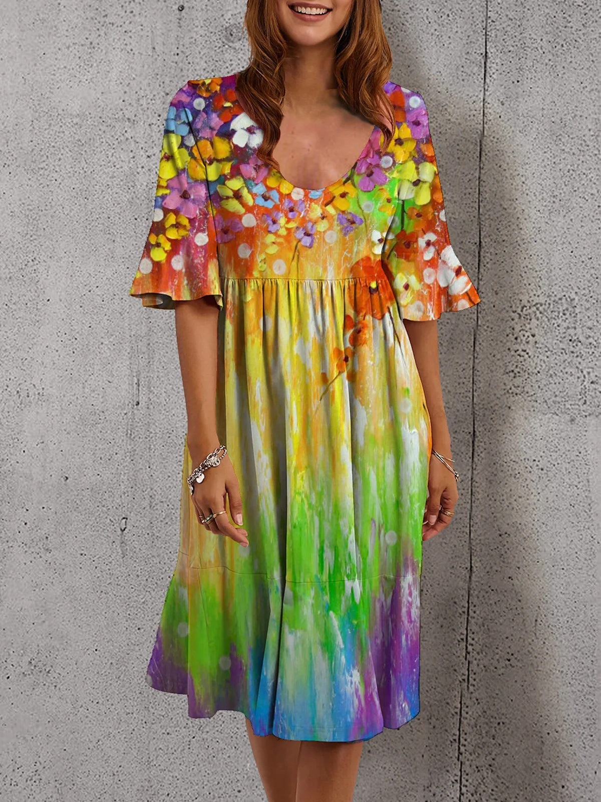 Half Sleeve Elegant Dress Printed Loose Midi Dress