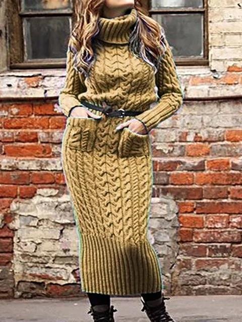Turtleneck pullover pocket knitted sweater dress
