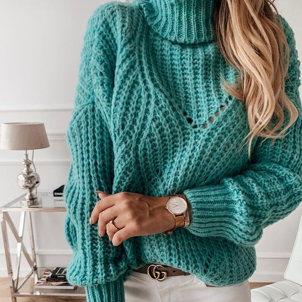 Women's Autumn And Winter High-neck Green Long-sleeved Openwork Knitted Sweater