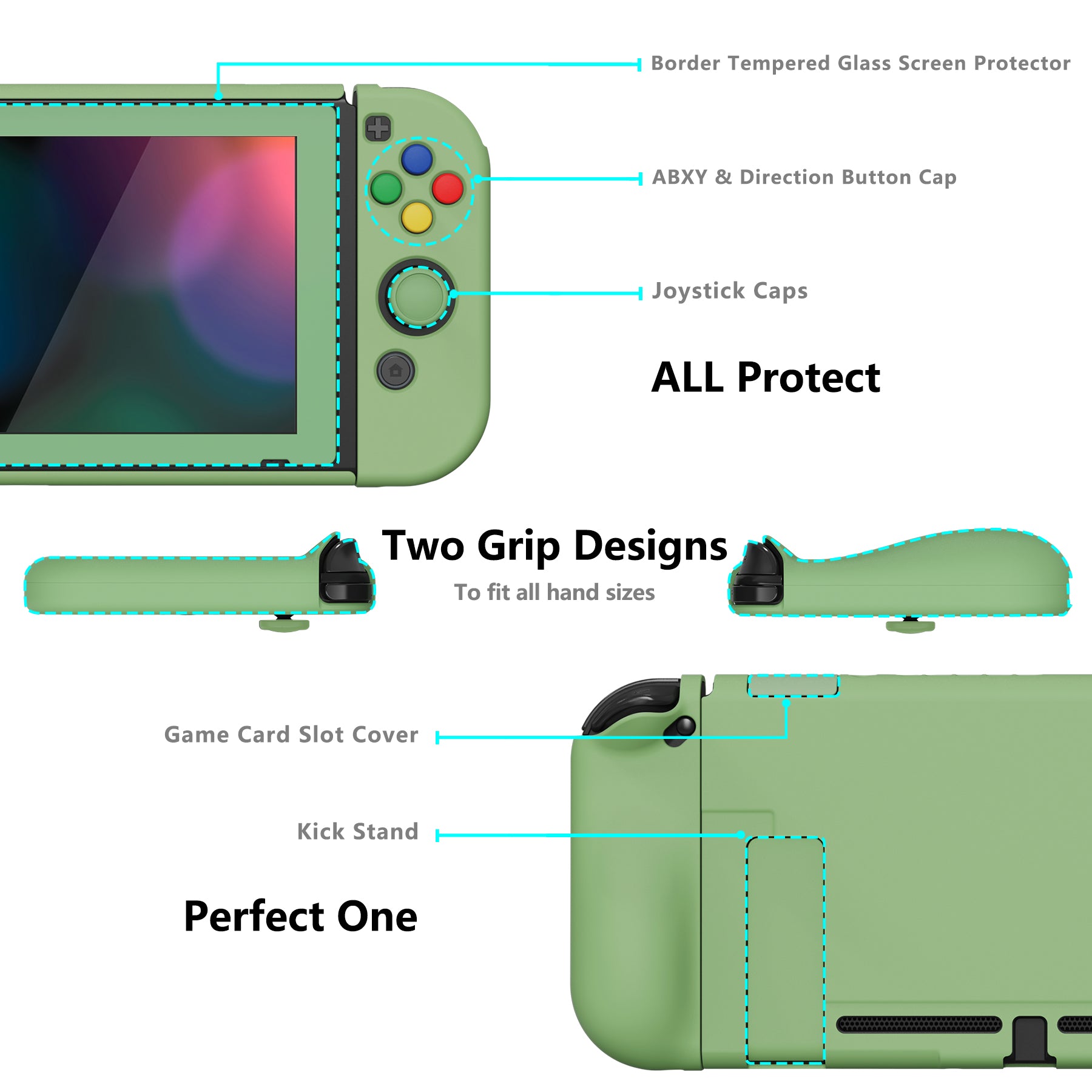 PlayVital AlterGrips Dockable Protective Case Ergonomic Grip Cover for Nintendo Switch, Interchangeable Cover w/Screen Protector & Thumb Grip Caps & Button Caps - Matcha Green - TNSYP3005