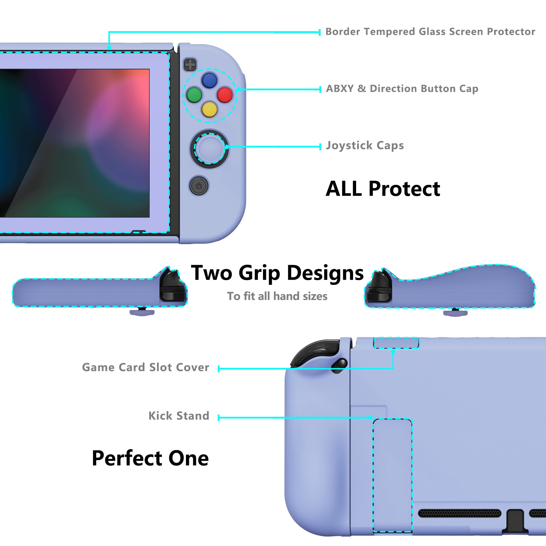 PlayVital AlterGrips Dockable Protective Case Ergonomic Grip Cover for Nintendo Switch, Interchangeable Cover w/Screen Protector & Thumb Grip Caps & Button Caps - Light Violet - TNSYP3008
