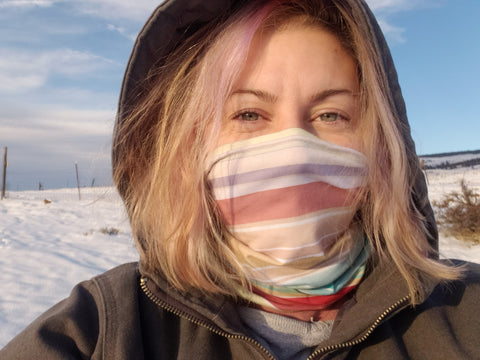 Meaghan wearing the john day stripetigraphy neck gaiter