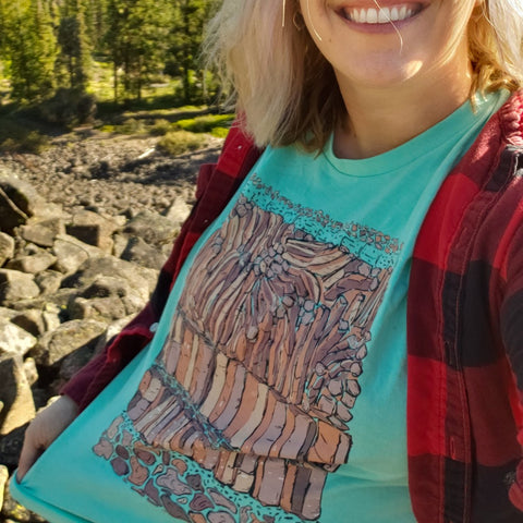 Picture of the basalt columns on a mint green t-shirt.