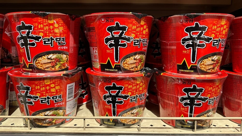 Shin Ramen in the store, cup noodles displayed