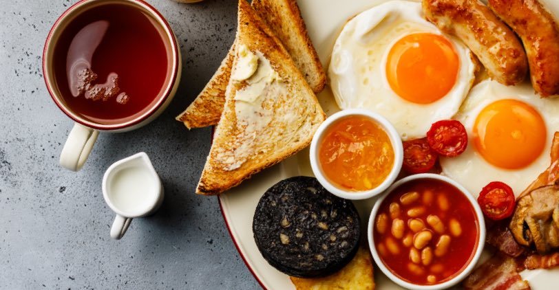 A plate of eggs and toast with tea