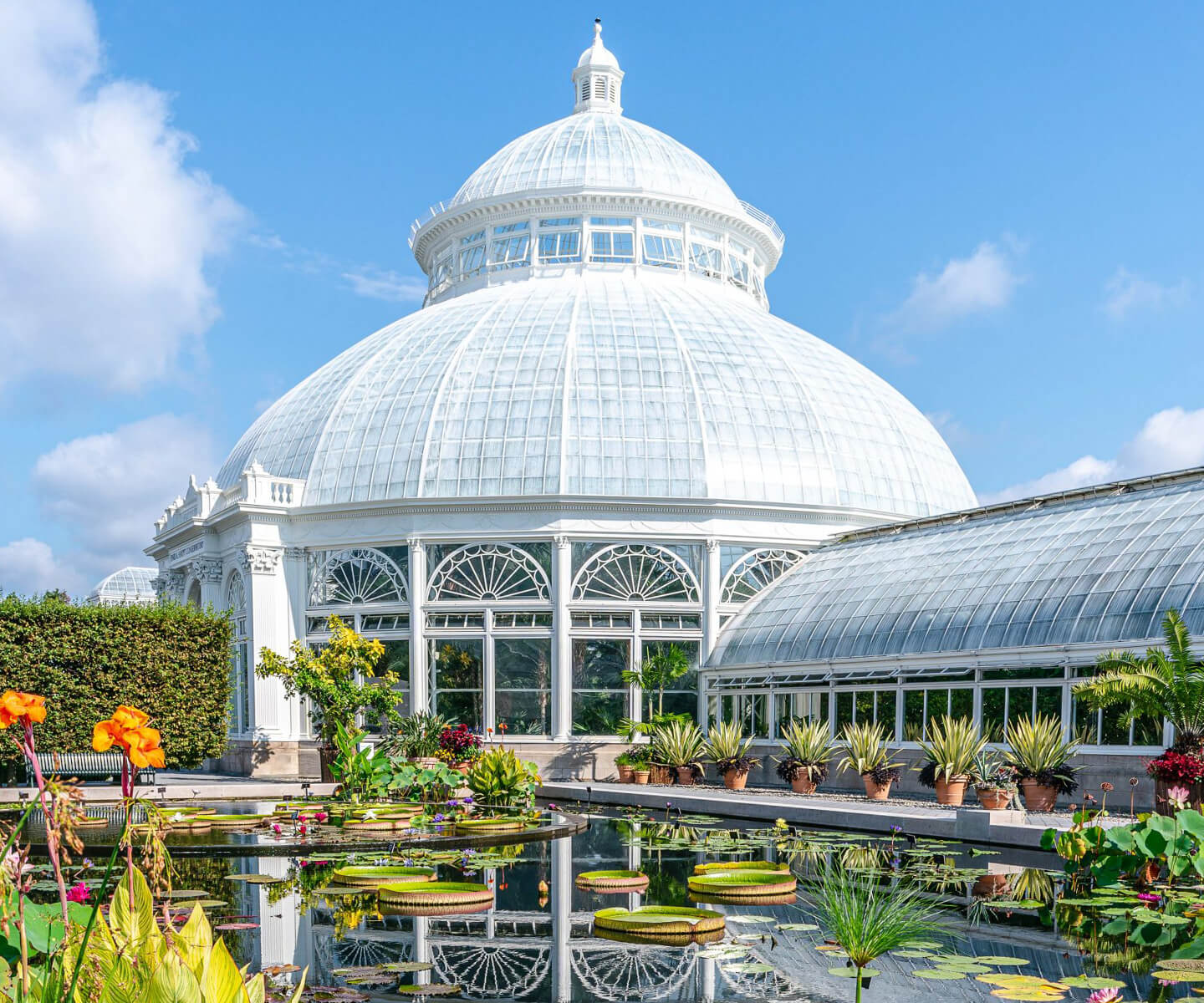 NYBG's Enid A. Haupt Conservatory with tropical plants and pool in foreground