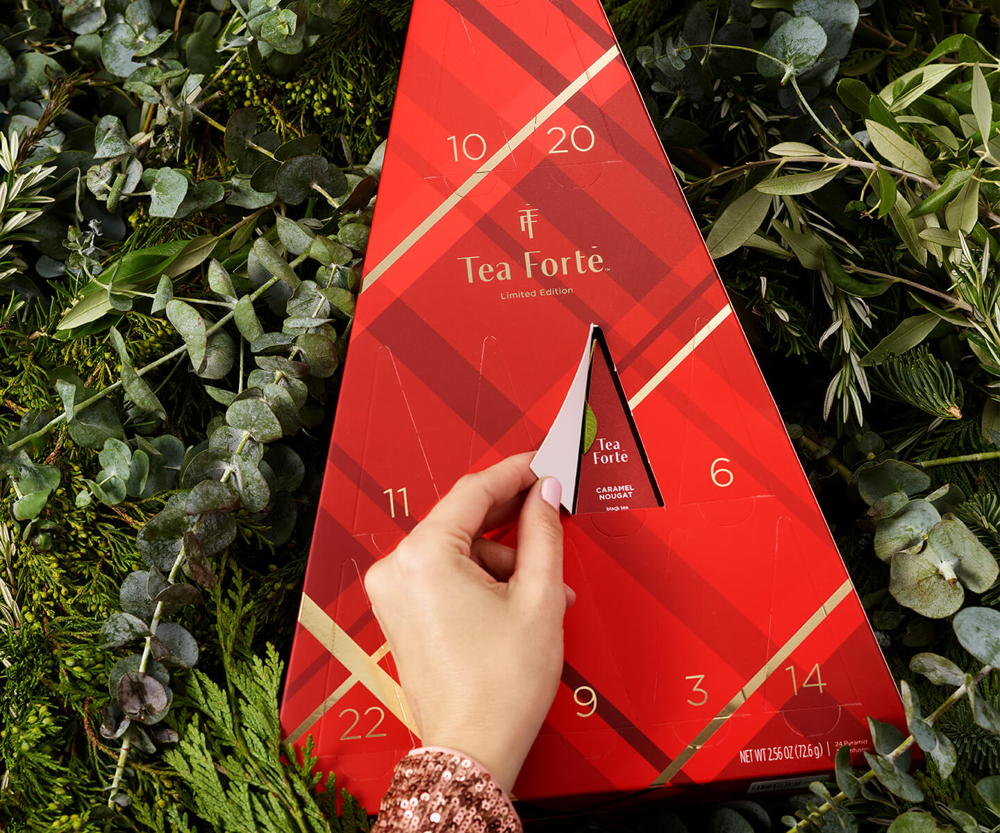 Warming Joy Tea Chest on a holiday table.