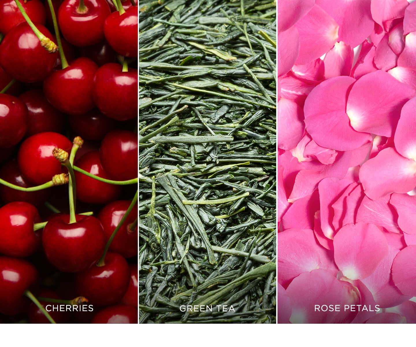 Cherry Blossom ingredients, rose petals, green tea and cherries