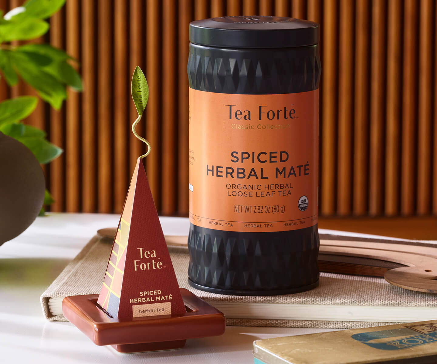 Spiced Herbal Maté Tea Canister with pyramid tea infuser