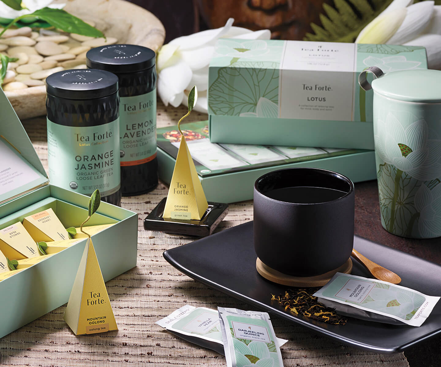 The Lotus Tea Collection with infusers, cups and tea