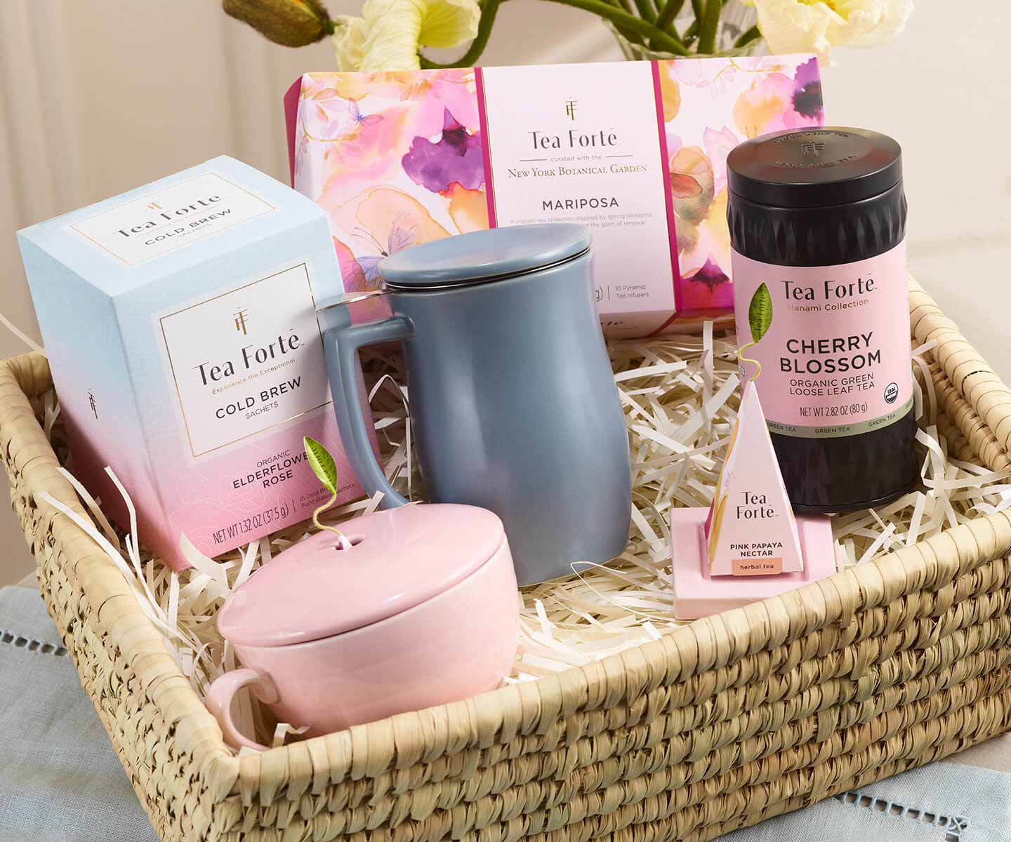 Spring Gift Basket of pink and blue-colored teas and accessories