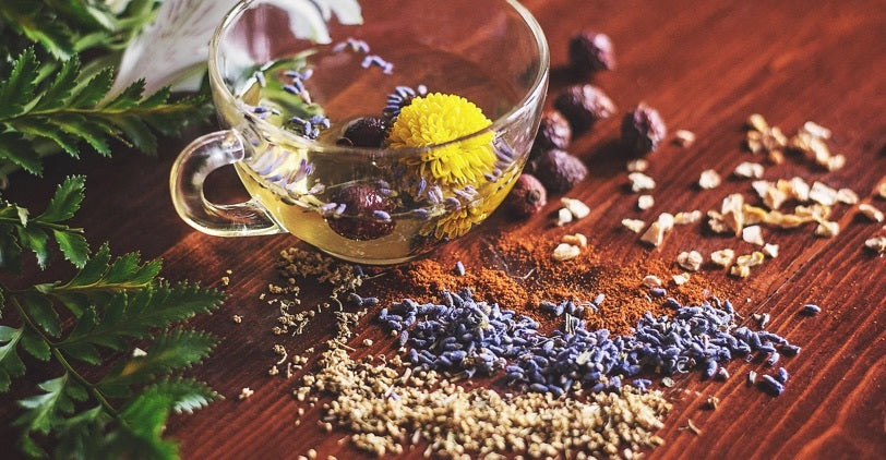 Herbal tea and ingredients in a glass mug on a wooden table