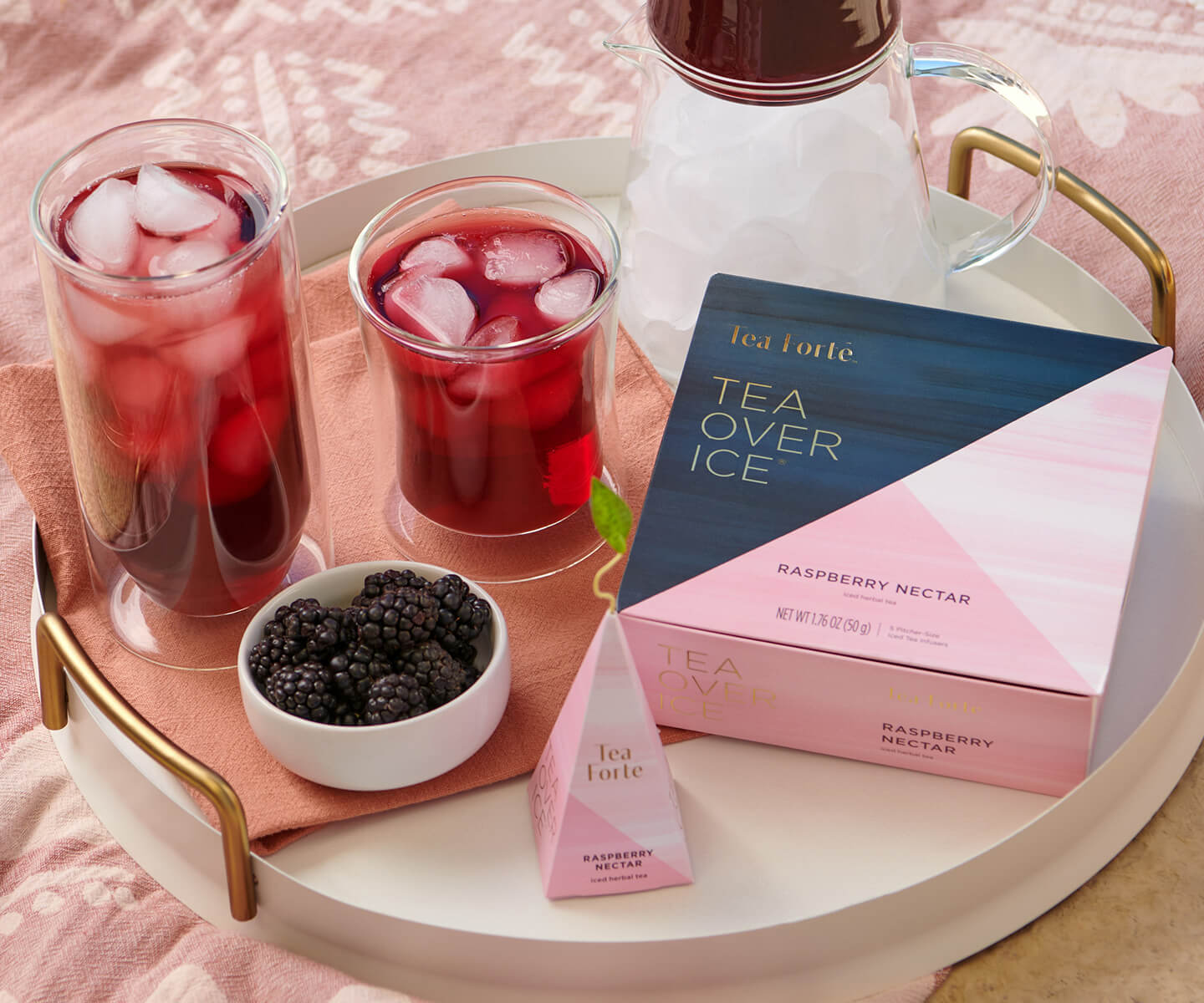 Tea Over Ice Pitcher Set steeping Raspberry Nectar tea with box and Poom Glasses