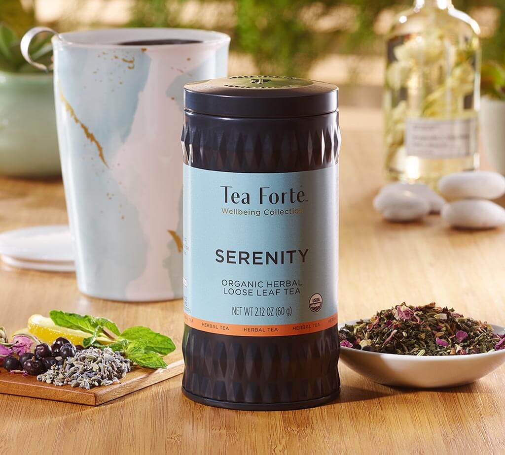Serenity Loose tea canister with a Wellbeing Kati Cup and tea ingredients