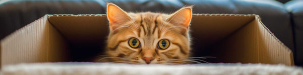 Closeup of playful cat in small box