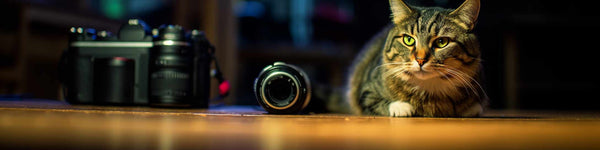 A cat under a bookshelf next to some camera equipment and camera lenses