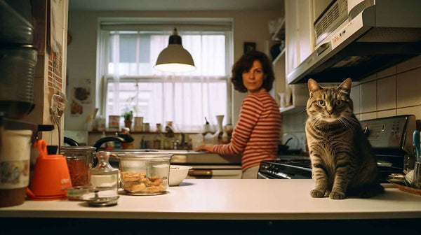 Cat sitting on counter while woman enjoys prepares for the day with her morning routine