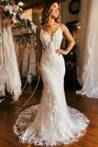 Gorgeous Mermaid Deep V Neck Lace Wedding Dresses with Appliques AB090806