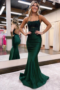Charming Mermaid Scoop Neck Dark Green Satin Long Prom Dresses with Be ...