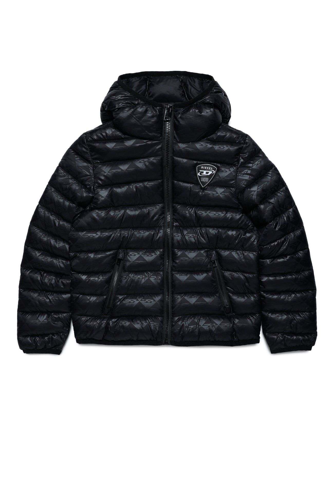 Diesel black fake down jacket with quilted logo for children