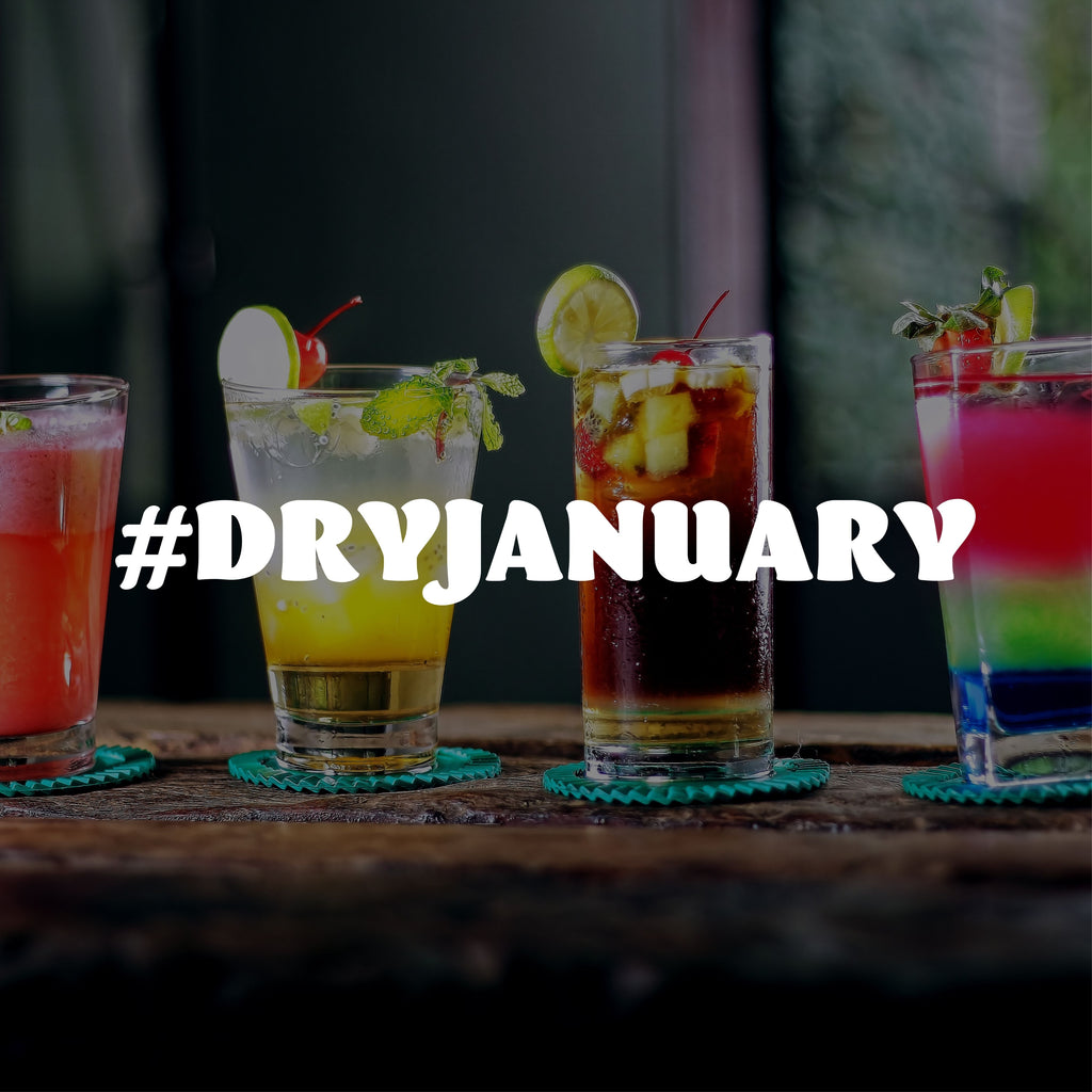 Photo représentant 4 cocktails sans alcool avec le #dryjanuary