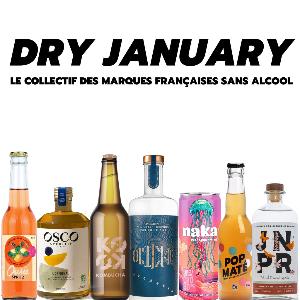 Photo représentant le collectif des marques françaises sans alcool pour le Dry january (Ousia, Osco, KoKo, Optimae, Naka, Pop Maté, JNPR)