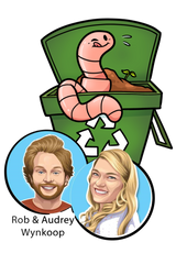 caricature of worm bucket owners rob and audrey wnykoop