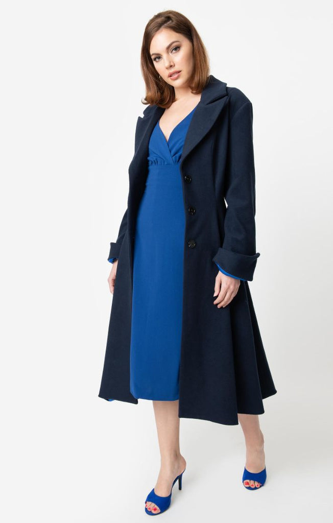 Micheline Pitt For Unique Vintage Style Blue Neo-Noir Swing Coat | Natasha Marie Clothing