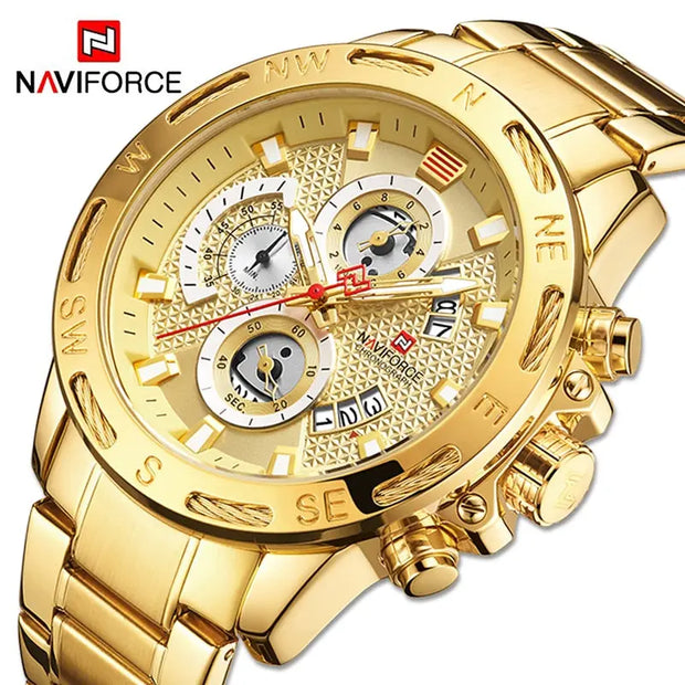 NAVIFORCE Luxury Brand Mens Sport Watches Gold Full Steel Quartz Watch Men Date Week Waterproof Military Clock Relogio Masculino sim-sim-shop