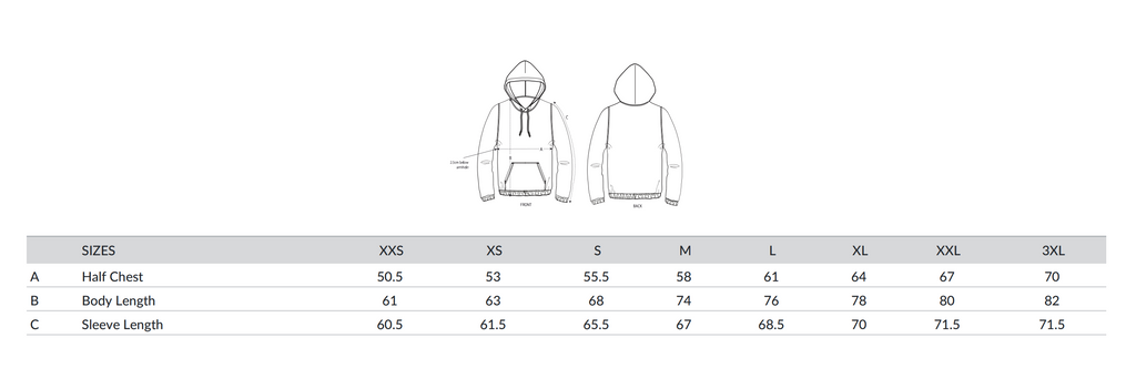 Fleece Hoodie Size Guide