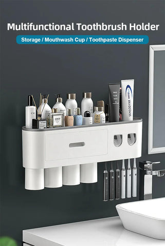 Multifunctional Toothbrush Holder Wall Mount Toothpaste Dispenser With Storage Box - Dimensionists