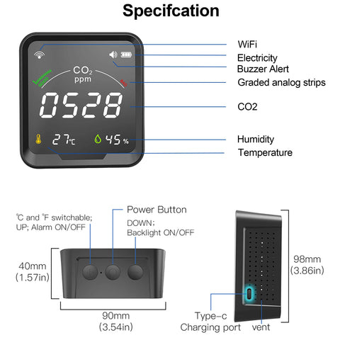 CO2 Sensor Girier Smart Carbon Dioxide Meter And Temperature Humidity Detector - Dimensionists