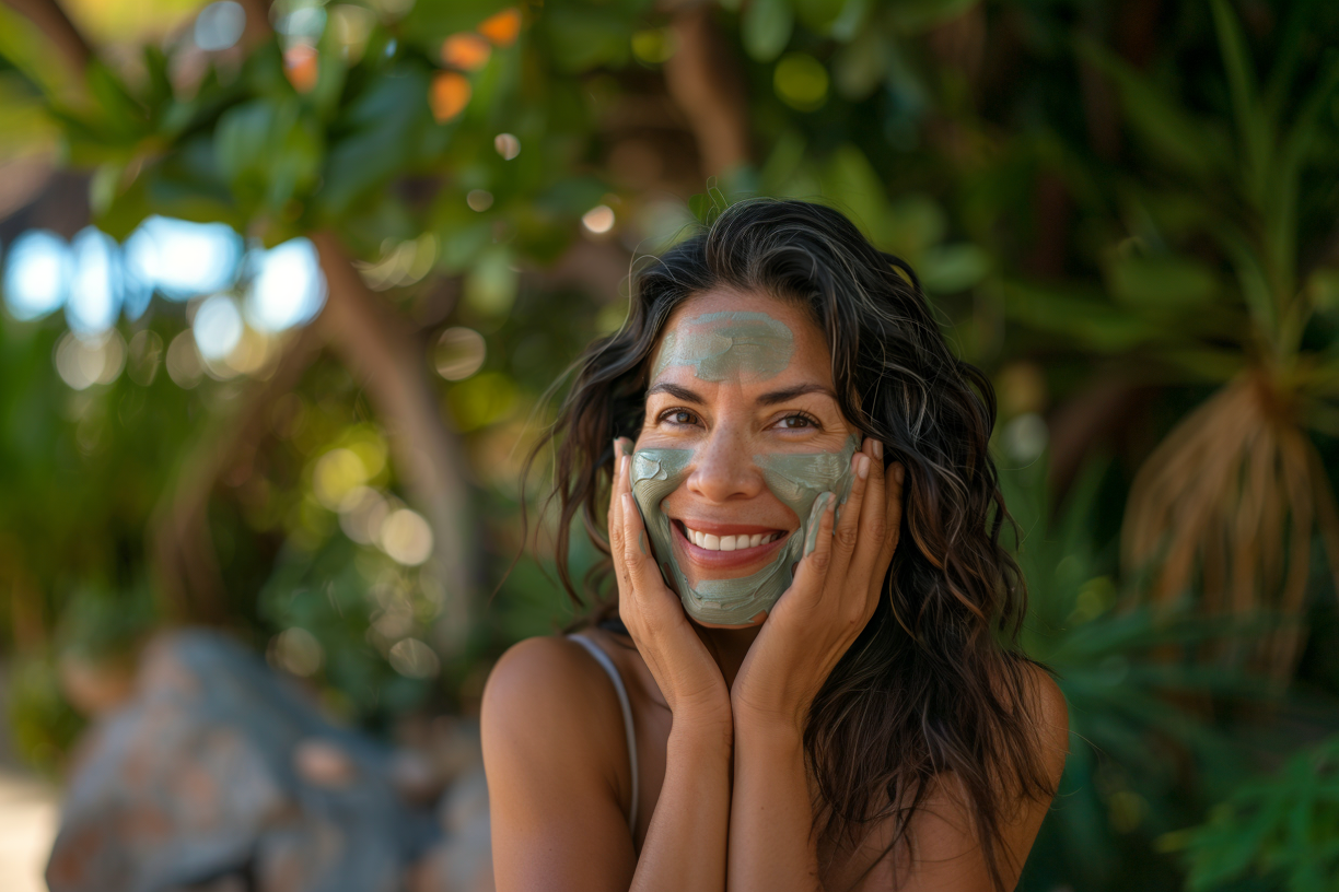 Woman with Kapha skin appying ayurvedic face mask to her face.