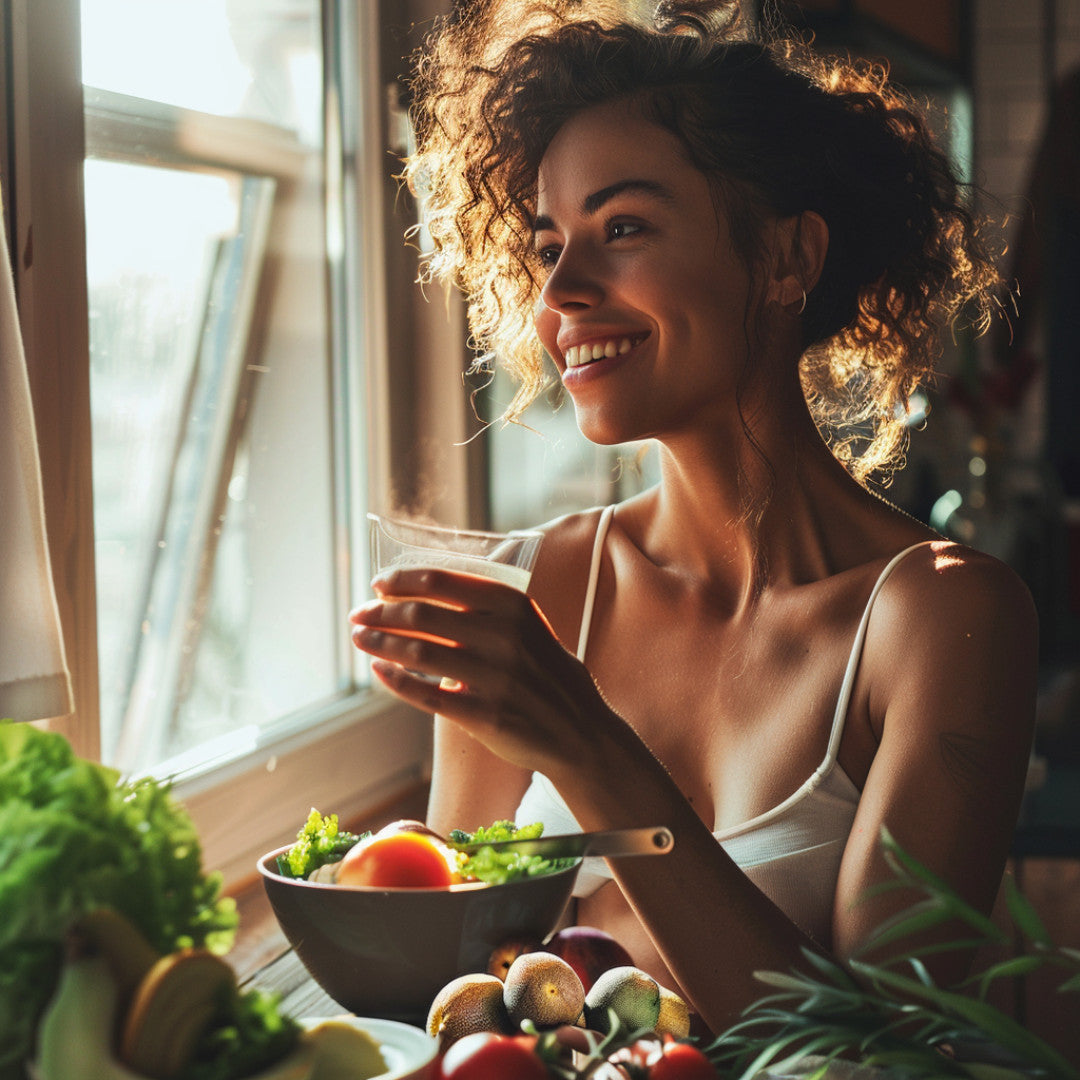 Healthy woman eating a salad and drinking a healthy nutritious smoothie.